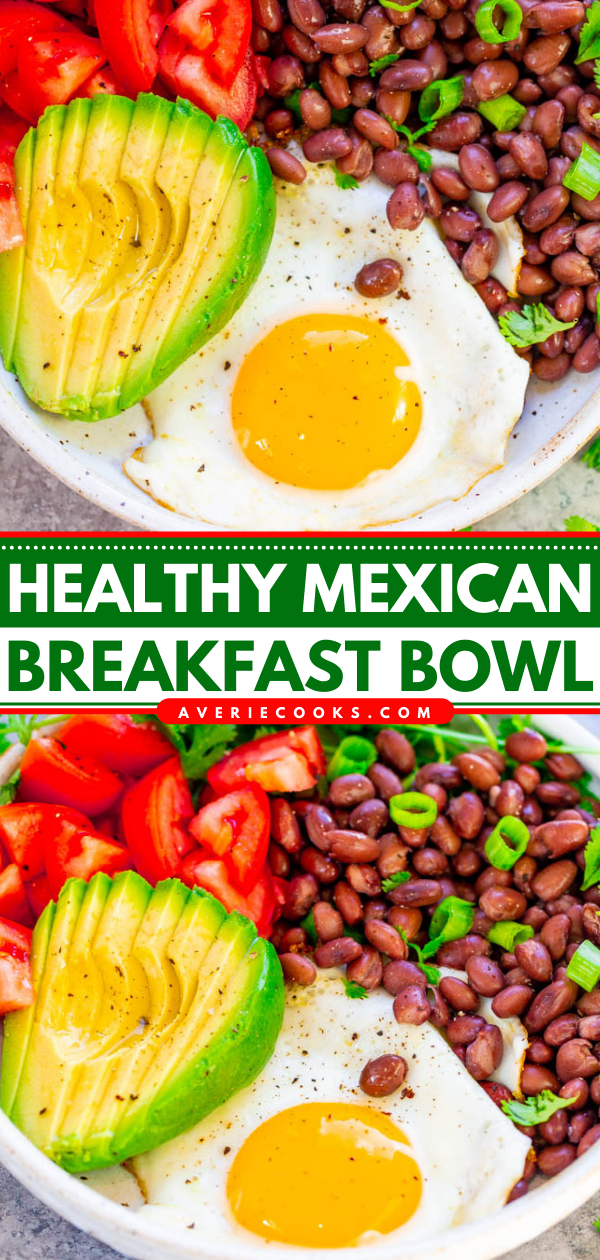 Healthy Mexican Breakfast Bowl — Say hello to this high protein, lower-carb meal that's EASY, ready in 5 minutes, naturally vegetarian and gluten-free, and so TASTY!! Great for light lunches and meatless dinners!!