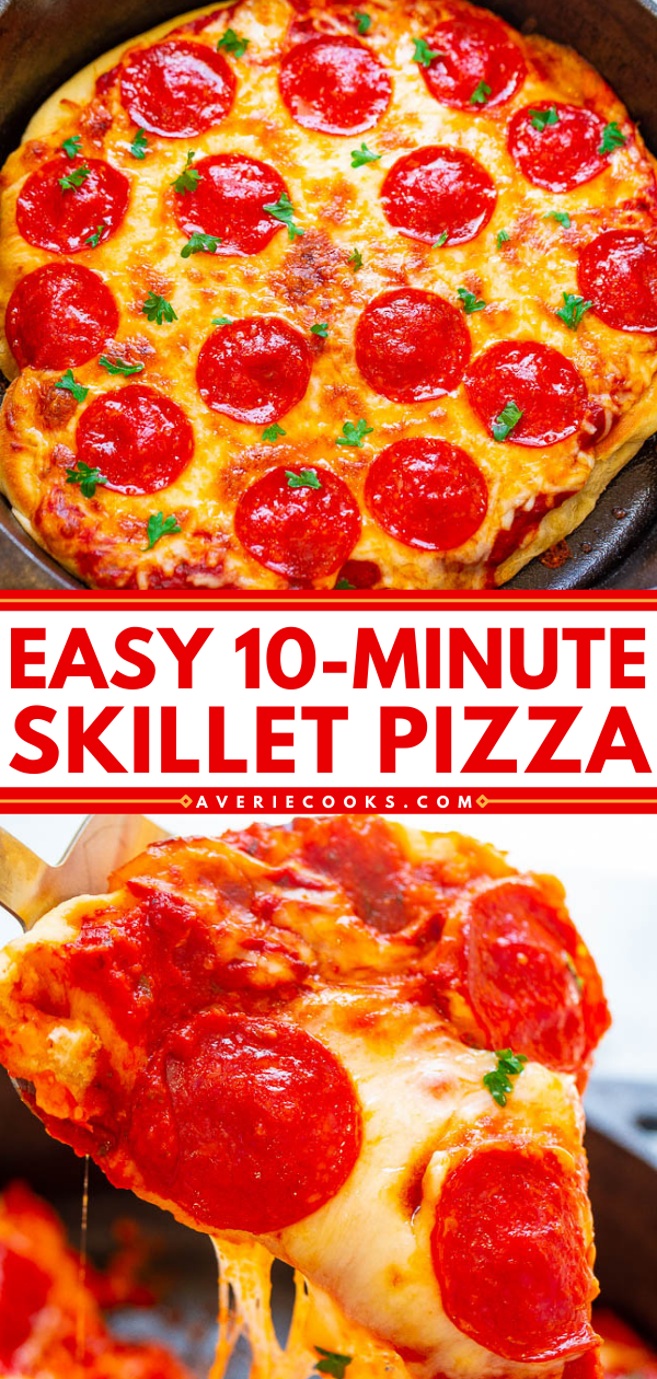 10-Minute Cast Iron Pizza — A FAST, EASY, and foolproof recipe to make pizza at home in 10 minutes!! Don't call for delivery when you can make this pizza in minutes! Such IRRESISTIBLE cheesy goodness!!