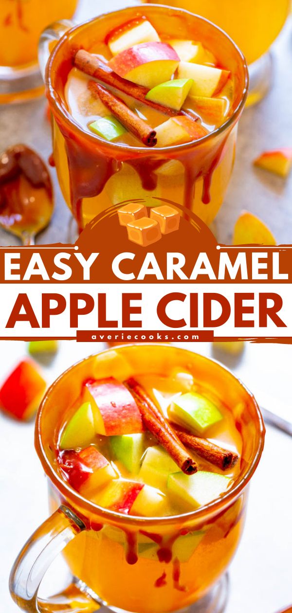 Caramel Apple Cider — Warm apple cider spiked with cinnamon, maple and almond extracts, apple chunks, and the mugs are rimmed with heavenly homemade salted caramel sauce!! FAST, EASY, and so DELICIOUS!!