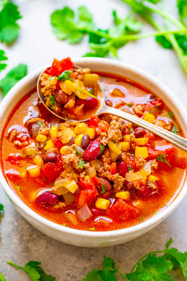 Easy 30-Minute Beef Taco Chili - Don’t have all day for chili to simmer? No problem!! This EASY, hearty chili full of Mexican-inspired flavors is ready in 30 minutes! If you like TACOS, you'll LOVE this chili!!
