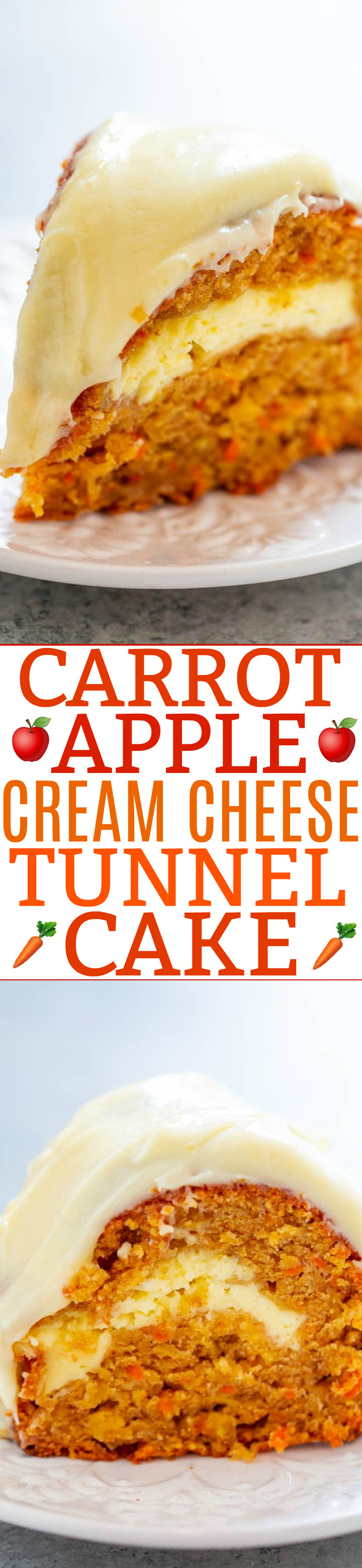 Carrot Apple Cream Cheese Cake — If you like carrot cake, you're going to LOVE this version that includes apples and a tunnel of cream cheese that runs through the center!! EASY, amazing, and a MUST-MAKE!!
