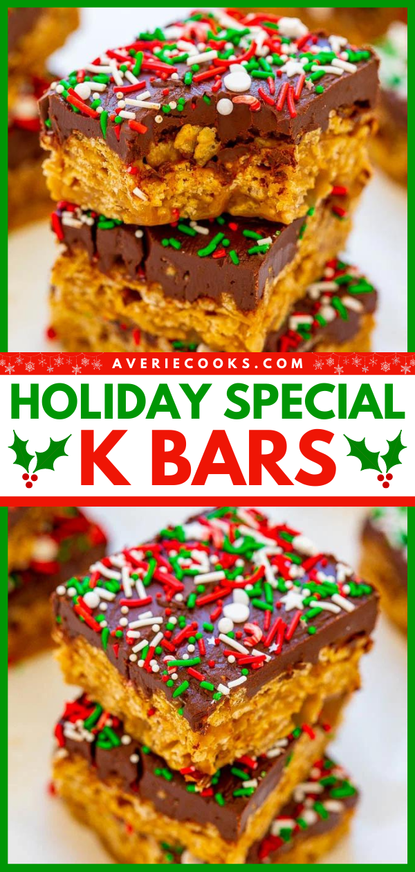 Special K Bars — Super chewy, gooey, FAST, easy, no-bake cereal bars loaded with peanut butter, chocolate, and sprinkles!! Like scotcheroos but with Special K! Great for impromptu hostess gifts or cookie exchanges because they're irresistible!!