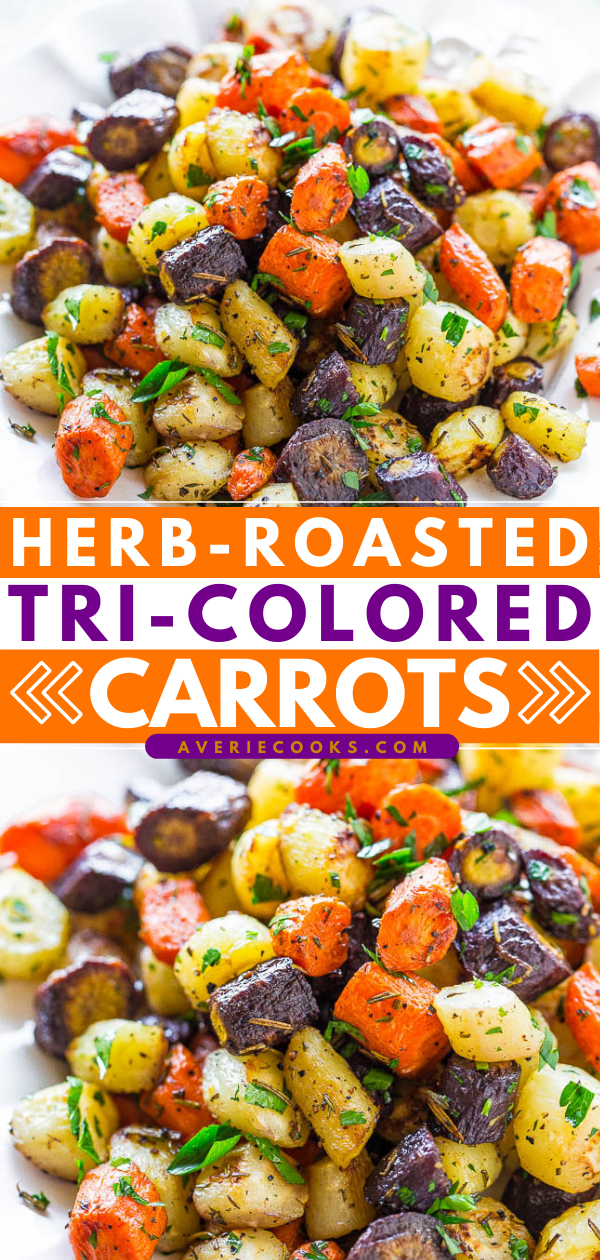 Roasted Rainbow Carrots — Lightly caramelized around the edges, crisp-tender in the center, and seasoned with rosemary, thyme, and parsley!! A trusty side that you'll make again and again for holidays or easy weeknight dinners!!