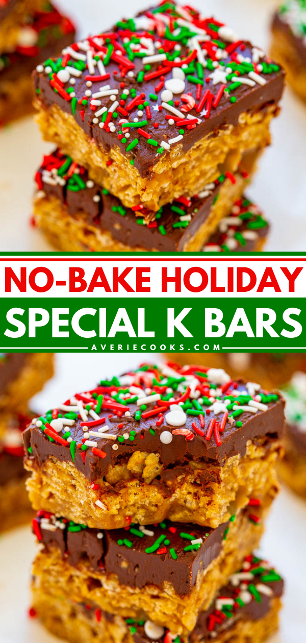 Holiday Special K Bars — Super chewy, gooey, FAST, easy, no-bake cereal bars loaded with peanut butter, chocolate, and sprinkles!! Like scotcheroos but with Special K! Great for impromptu hostess gifts or cookie exchanges because they're irresistible!!