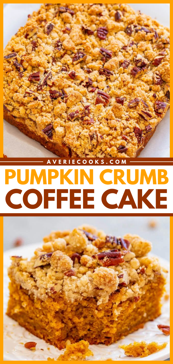 Spiced Pumpkin Crumb Cake — A FAST and EASY no-mixer pumpkin crumb cake with rich pumpkin flavor!! Super soft, tender, and topped with the BEST crumble topping that you'll fall in love with! Great for brunches and holiday entertaining!!
