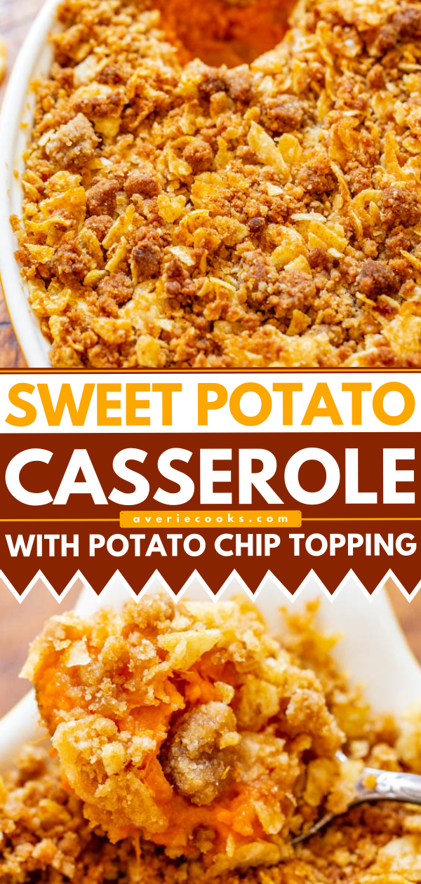Sweet and Savory Sweet Potato Casserole — A fun and EASY twist on classic sweet potato casserole that uses potato chips in the topping for a SALTY-SWEET flavor the whole family will love!! Great for Thanksgiving and Christmas celebrations!!