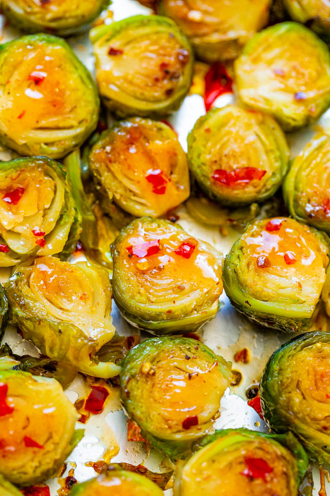 close up of oven roasted brussels sprouts tossed in sweet chili sauce 