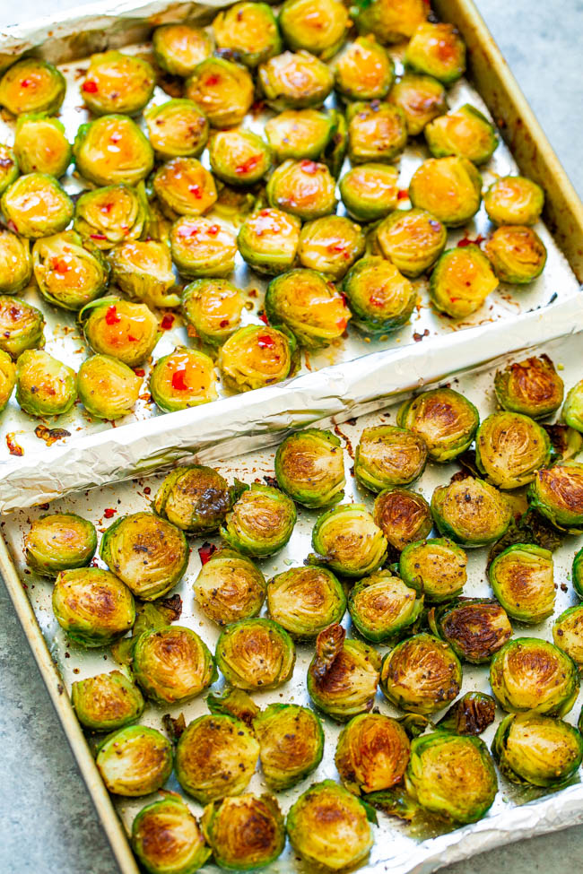 Roasted Brussels Sprouts {Two Ways In One} - An EASY way to try TWO different versions of Brussels Sprouts in one!! There's Sweet and Spicy Sprouts AND Traditional Roasted Sprouts! So different and both SO GOOD!!