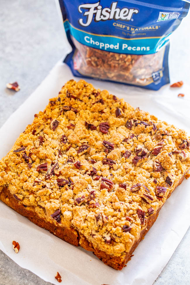 Pumpkin Crumb Cake — A FAST and EASY no-mixer pumpkin crumb cake with rich pumpkin flavor!! Super soft, tender, and topped with the BEST crumble topping that you'll fall in love with! Great for brunches and holiday entertaining!!