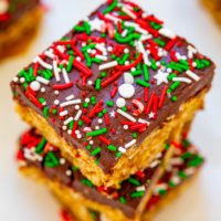 Stack of festive frosted treats sprinkled with colorful holiday-themed decorations.