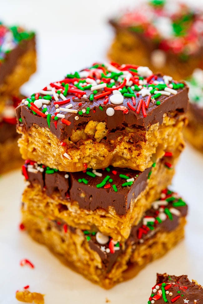 Stack of Holiday Special K Bars decorated with holiday sprinkles