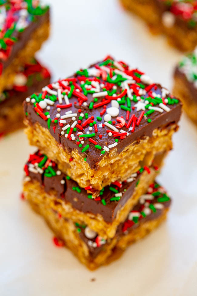 A stack of Holiday Special K Bars decorated with holiday sprinkles