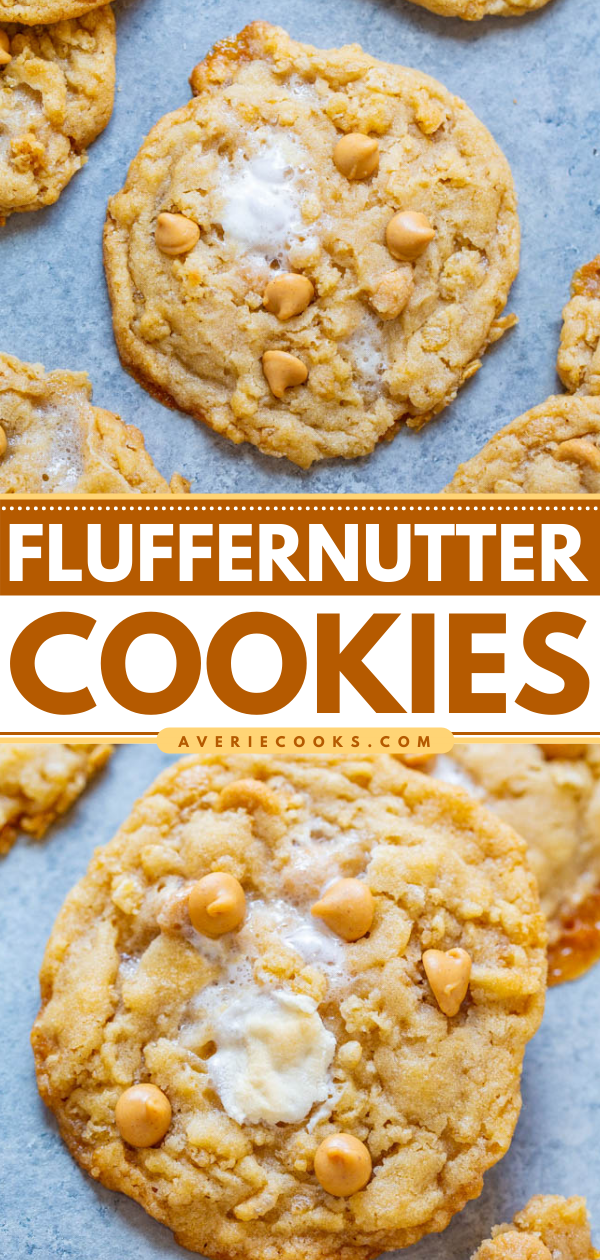 Fluffernutter Cookies — Soft, supremely CHEWY cookies that are loaded with marshmallows, peanut butter chips, and crispy rice cereal!! If you love lots of TEXTURE in your cookies, these are the cookies for you!!