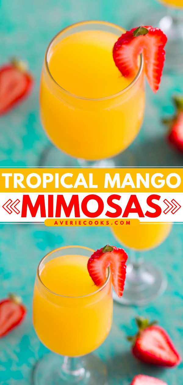 Tropical Mango Mimosa Cocktail — A fun, easy, and refreshing twist on the classic mimosa drink!! A party favorite at your next brunch or event! Everyone will want REFILLS!!