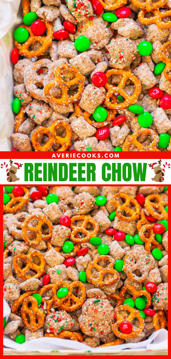 Reindeer Chow — A holiday twist on classic Muddy Buddies that's EASY, ready in 15 minutes, and perfect for hostess gifts or cookie exchanges!! Chex, chocolate, peanut butter, pretzels, M&M's, and sprinkles make this dessert snack mix totally IRRESISTIBLE!!