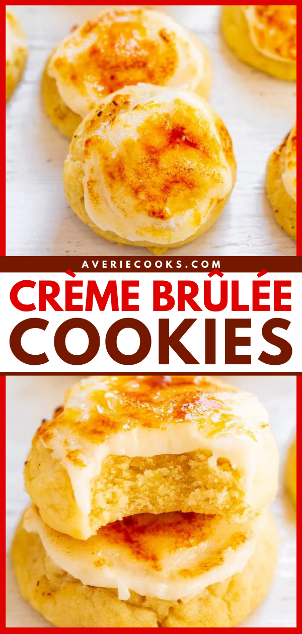 Crème Brûlée Cookies — Super SOFT sugar cookies topped with tangy cream cheese frosting and caramelized sugar!! If you're a crème brûlée fan, you're going to LOVE these cookies! So many INCREDIBLE flavors and textures in every bite!!