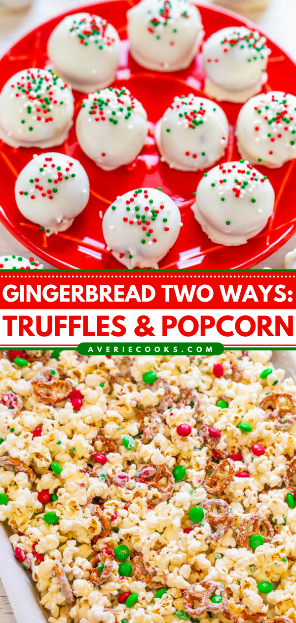 Gingerbread Two Ways: Truffles and Popcorn - Two EASY NO-BAKE gingerbread-inspired recipes that are perfect for the holidays!! They make great gifts, and who can say no to silky smooth gingerbread truffles or salty-and-sweet popcorn!!