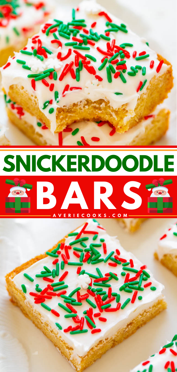 Snickerdoodle Bars with Cream Cheese Frosting -  Snickerdoodle bars are so much FASTER AND EASIER than making snickerdoodle cookies!! The sprinkles and tangy cream cheese frosting will put everyone in the holiday spirit!!