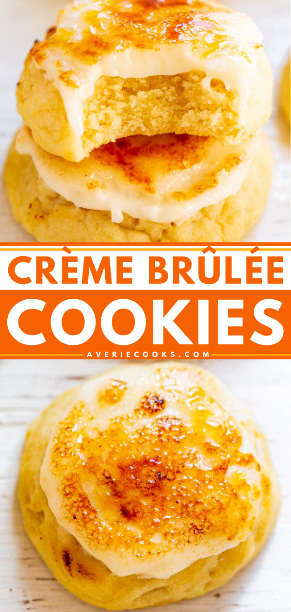 Crème Brûlée Cookies - Super SOFT sugar cookies topped with tangy cream cheese frosting and caramelized sugar!! If you're a crème brûlée fan, you're going to LOVE these cookies! So many INCREDIBLE flavors and textures in every bite!!