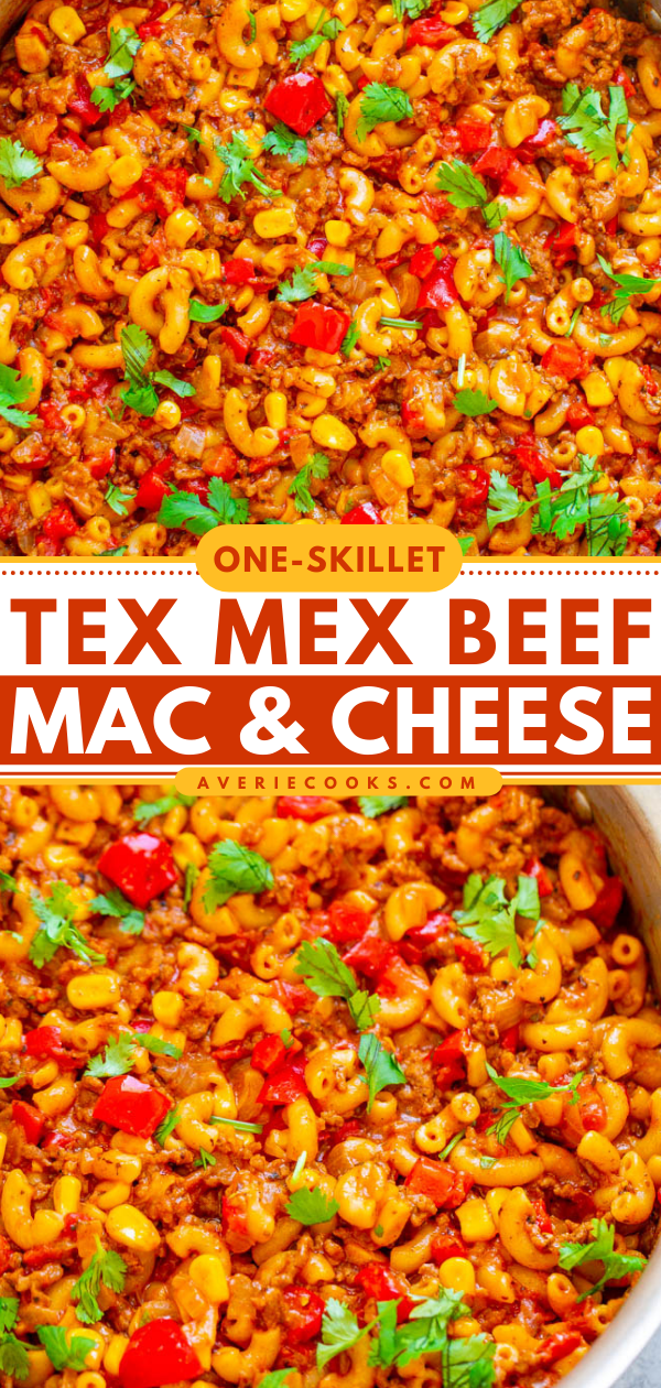 One-Skillet Tex Mex Mac and Cheese — An EASY recipe that's made in ONE skillet so you don't have to cook the pasta separately!! Loaded with ground beef, peppers, tomatoes, cheese, and cilantro! A family FAVORITE that feeds a crowd!!