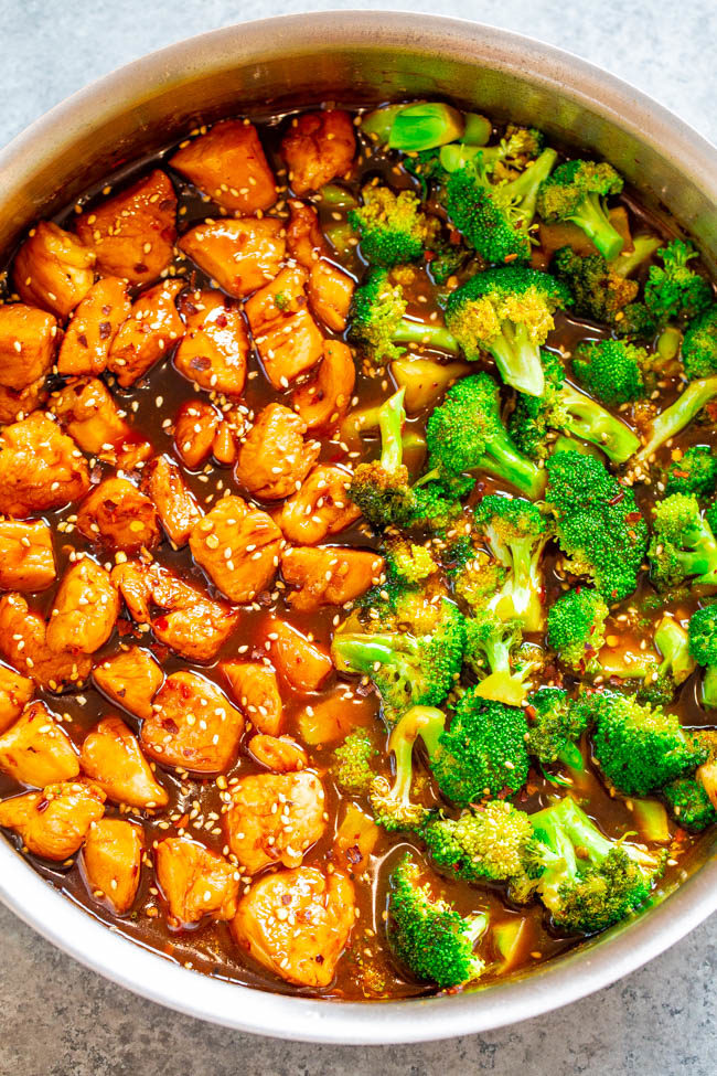 Overhead shot of Skinny 15-Minute Sesame Chicken and Broccoli in a skillet 