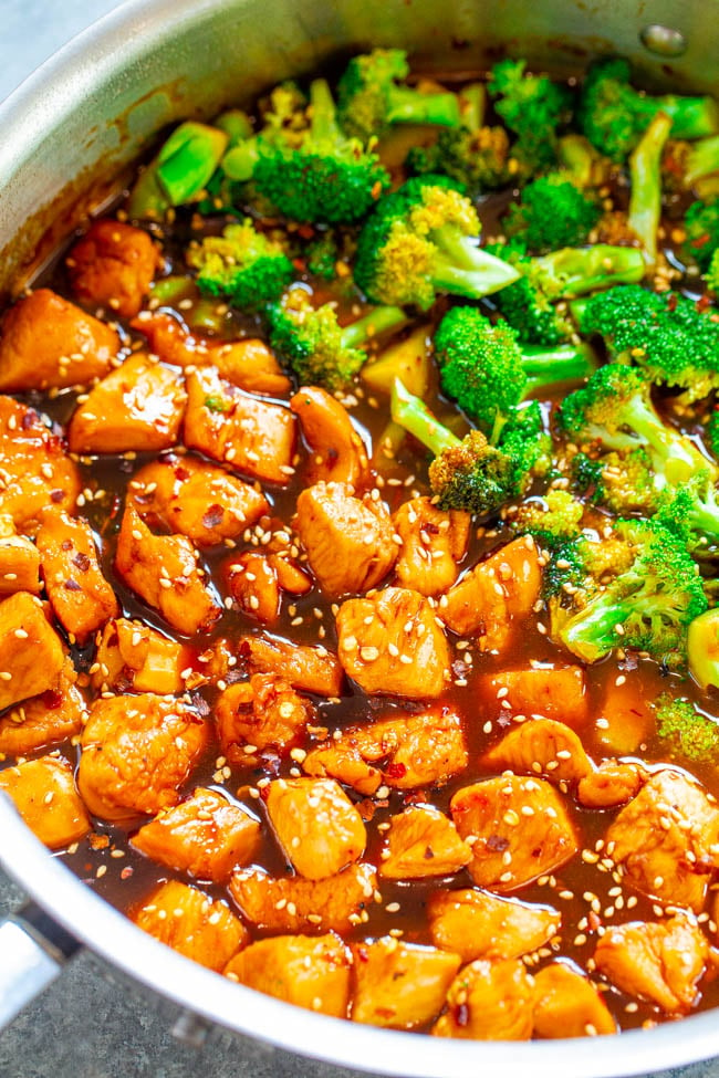 Skinny 15-Minute Sesame Chicken and Broccoli - Skip takeout and make this Asian favorite at home in just minutes!! So EASY and HEALTHIER than what you’d get in a restaurant but tastes just as AWESOME!!