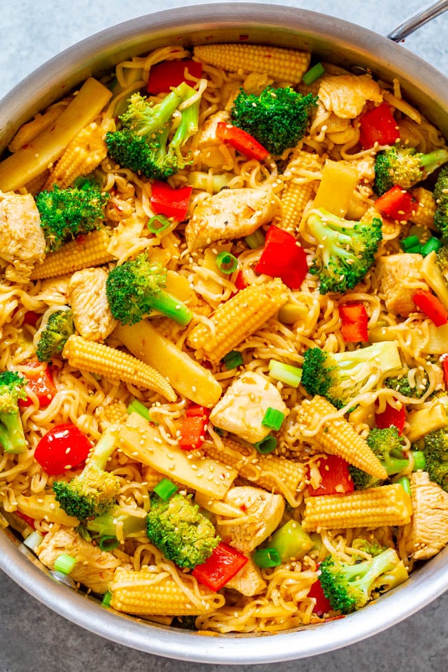 15-Minute Chicken, Vegetable, and Ramen Noodle Stir Fry - Don't call for takeout when you can make this EASY Asian stir fry in minutes!! HEALTHIER and faster than takeout and great for busy weeknights!!