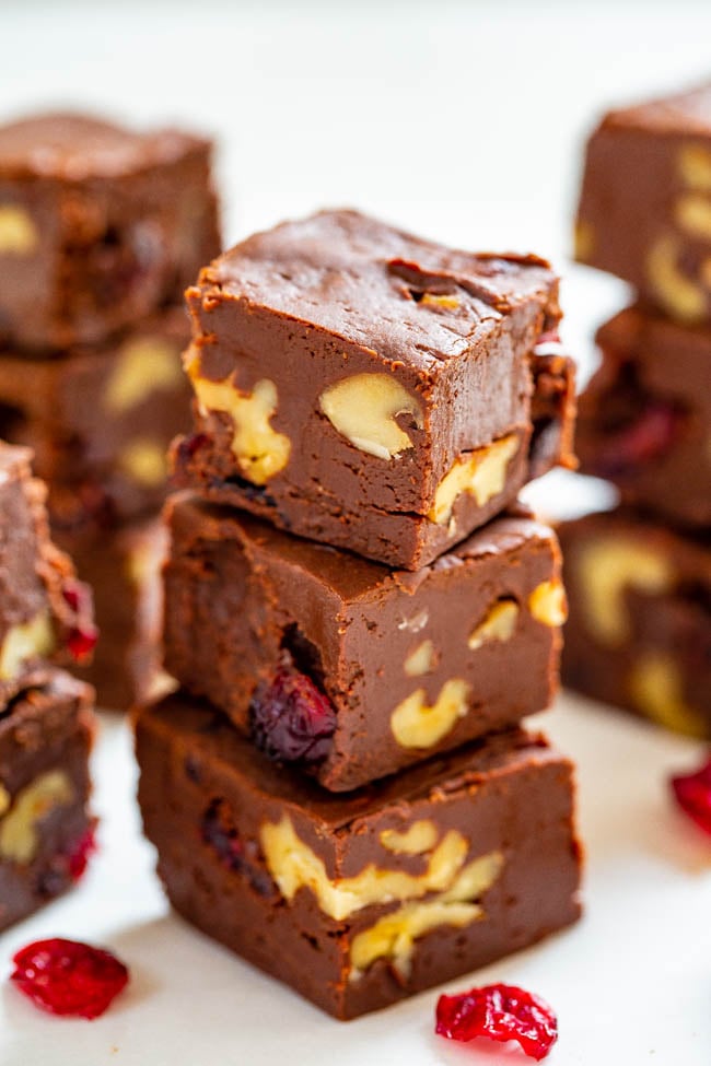 The Easiest Foolproof Fudge Recipe - Look no further than this recipe for the EASIEST and most FOOLPROOF fudge that takes less than 3 minutes to make!! Customize it with your favorite add-ins like cranberries and walnuts! Great for gifts and cookie exchanges!!