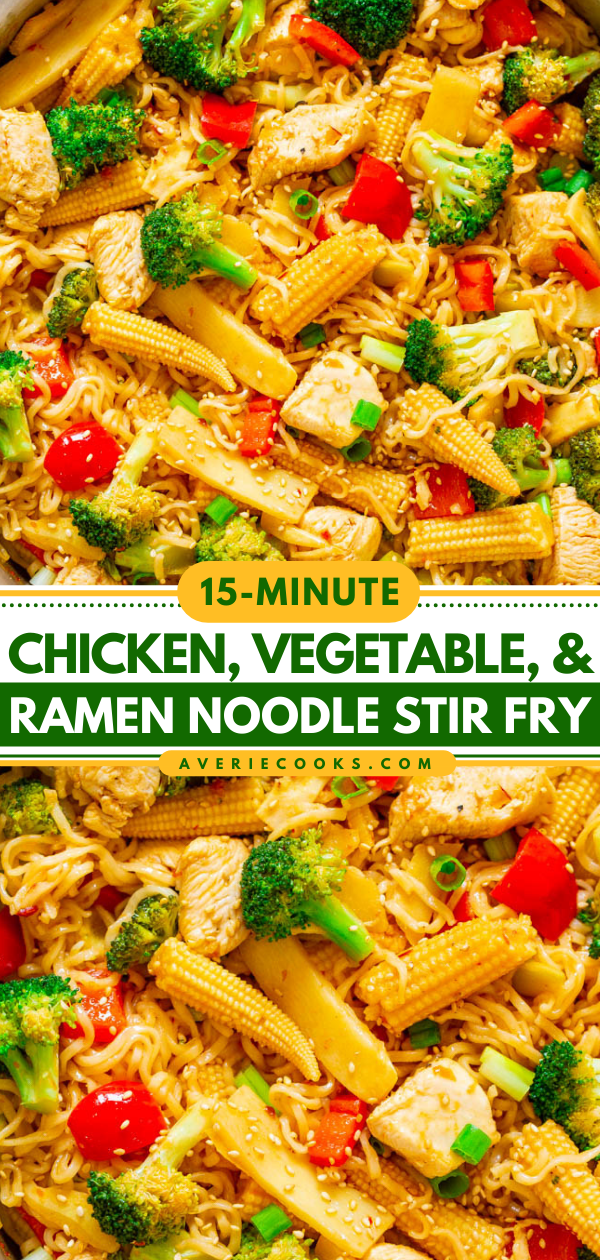 15-Minute Chicken and Vegetable Stir Fry with Ramen Noodles — Don't call for takeout when you can make this EASY Asian stir fry in minutes!! HEALTHIER and faster than takeout and great for busy weeknights!!