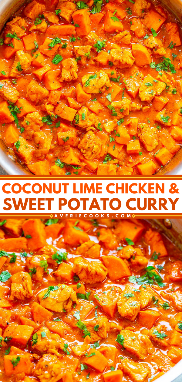 Coconut Lime Chicken Sweet Potato Curry — An EASY, one-skillet curry that’s ready in 20 minutes and tastes BETTER than a restaurant!! Juicy chicken and tender sweet potatoes simmer in a lime-scented coconut milk sauce that tastes AMAZING! Healthy comfort food!!