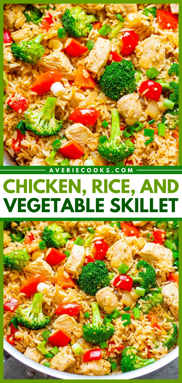Chicken and Rice Skillet with Veggies — EASY, ready in 20 minutes, made in ONE skillet with everyday ingredients you probably have on hand!! A HEALTHY weeknight dinner the whole family will LOVE!!