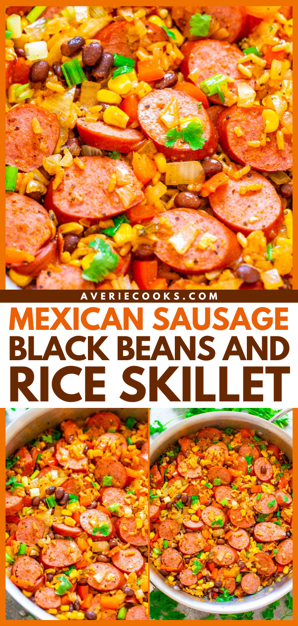 15-Minute Mexican Rice and Beans Skillet with Sausage — A FAST and EASY recipe that's loaded with Mexican-inspired flavors and ingredients!! Break out of your chicken rut with this FLAVORFUL dish that's perfect for busy weeknights!!