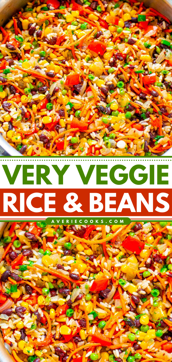 Very Veggie Rice and Beans — EASY, ready in 15 minutes, and amps up rice and beans with an abundance of vegetables!! Healthy, Mexican-inspired food that tastes like comfort food and keeps you satisfied for hours!!