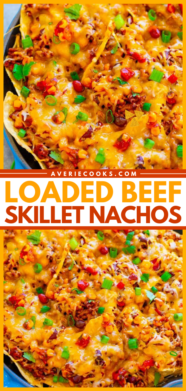 Loaded Nachos with Beef — EASY, ready in 15 minutes, and LOADED with taco-seasoned ground beef, black beans, corn, cilantro, and lots of CHEESE!! Great for parties, game days, after school snacks, or a cheat night dinner!!