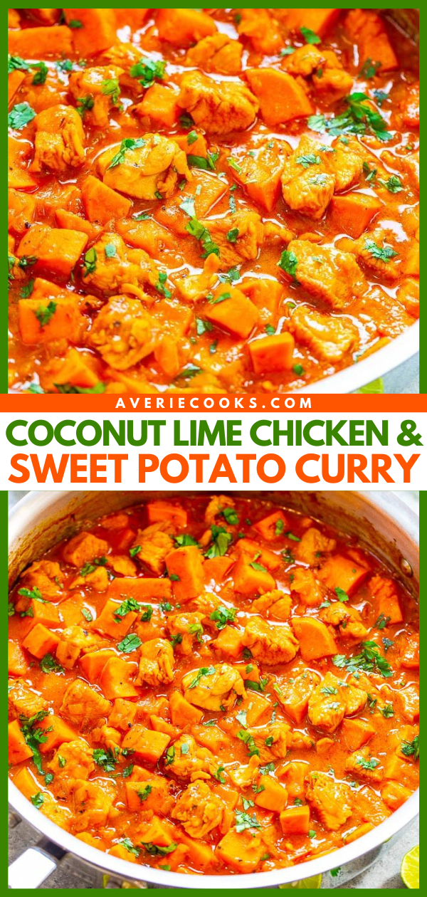 Coconut Lime Chicken Sweet Potato Curry — An EASY, one-skillet curry that’s ready in 20 minutes and tastes BETTER than a restaurant!! Juicy chicken and tender sweet potatoes simmer in a lime-scented coconut milk sauce that tastes AMAZING! Healthy comfort food!!