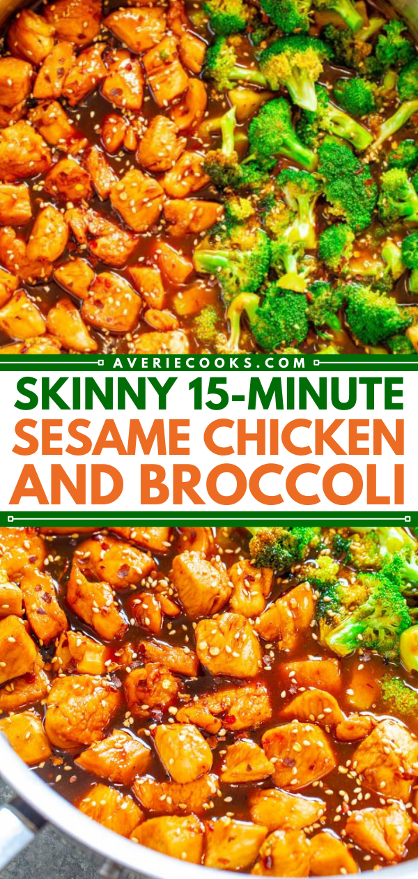 Skinny 15-Minute Sesame Chicken and Broccoli — Skip takeout and make this Asian favorite at home in just minutes!! So EASY and HEALTHIER than what you’d get in a restaurant but tastes just as AWESOME!!