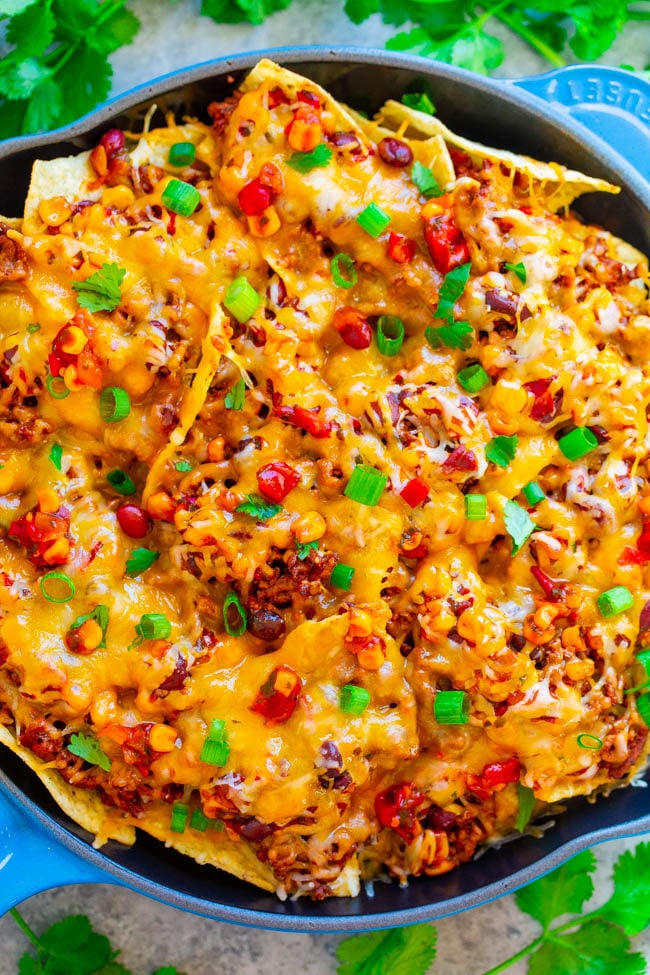 Overhead picture of Loaded Beef Skillet Nachos 