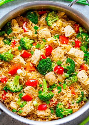 A colorful dish of chicken stir-fry with broccoli, red peppers, and green onions in a pan.