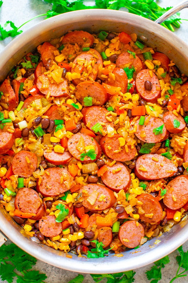 Overhead of 15-Minute Mexican Rice and Beans Skillet with Sausage