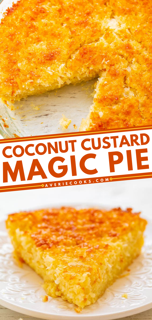 Coconut Custard Pie — A one-bowl, no-mixer pie with a short ingredients list that is SO easy to make and forms three different LAYERS while it bakes!! Mindlessly easy, goofproof, and coconut lovers will go crazy for this MAGIC pie!!