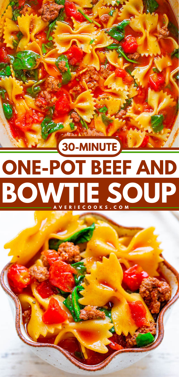 30-Minute One-Pot Beef and Bowtie Soup - EASY, hearty, comfort food that's full of flavor!! A FAST and tasty soup the whole family will LOVE! It will keep your warm on chilly winter nights!!