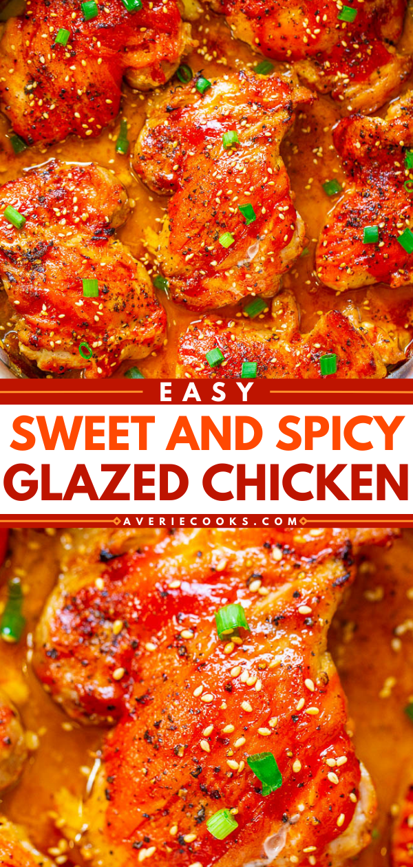 Easy Sweet and Spicy Chicken — Perfectly spicy with just the right amount of sweetness in this EASY, super flavorful recipe that leave you wanting more!! Crispy skin on the outside, juicy and tender inside, and so GOOD!!