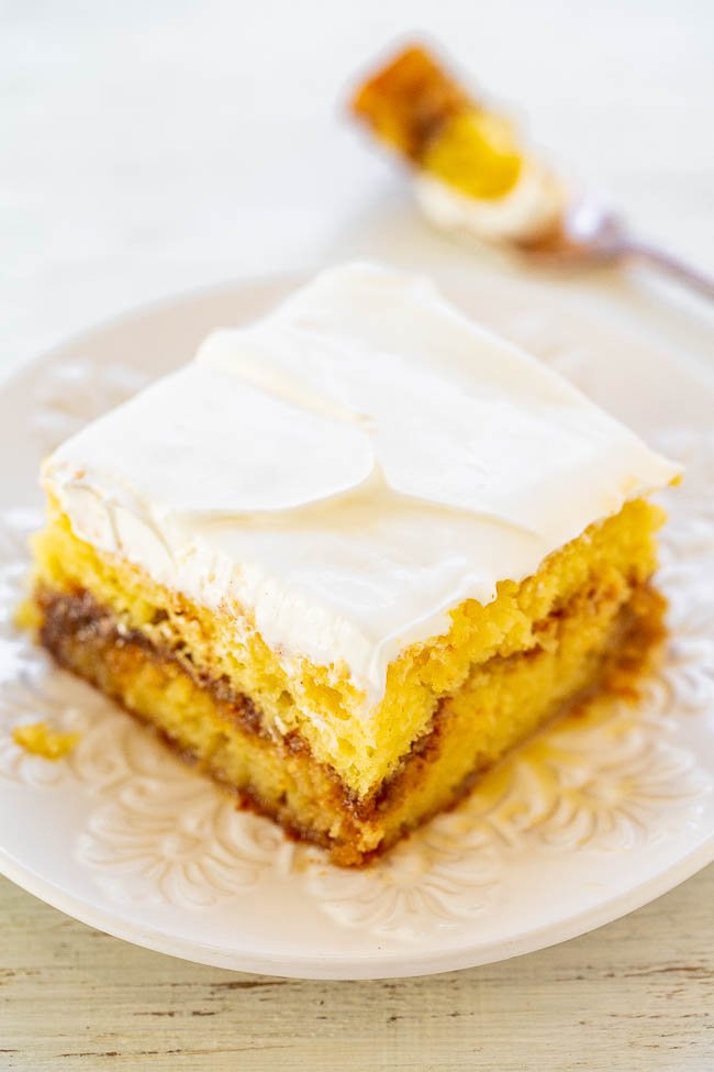 Honey Bun Cake — Tastes like a Honey Bun in cake form!! Sweet, rich, decadent, and reminds me of the Honey Buns I used to eat as a kid! Fast and EASY!!