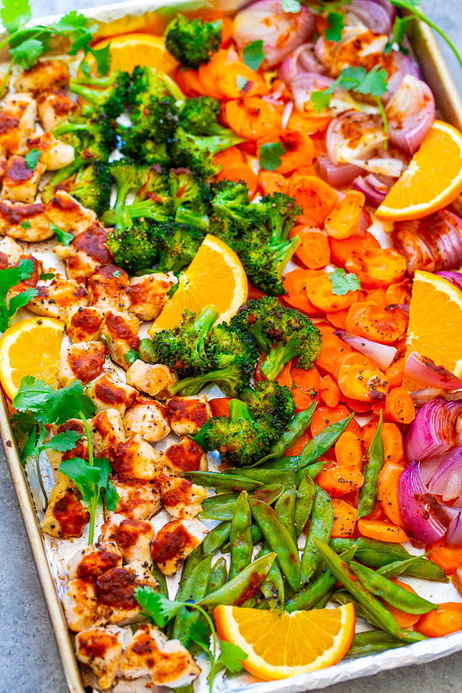 Sheet Pan Ginger Orange Chicken and Vegetables - Fast, EASY, HEALTHY, and loaded with great orange ginger flavor!! A DELISH one-pan meal with zero cleanup that’s perfect for busy weeknights!!