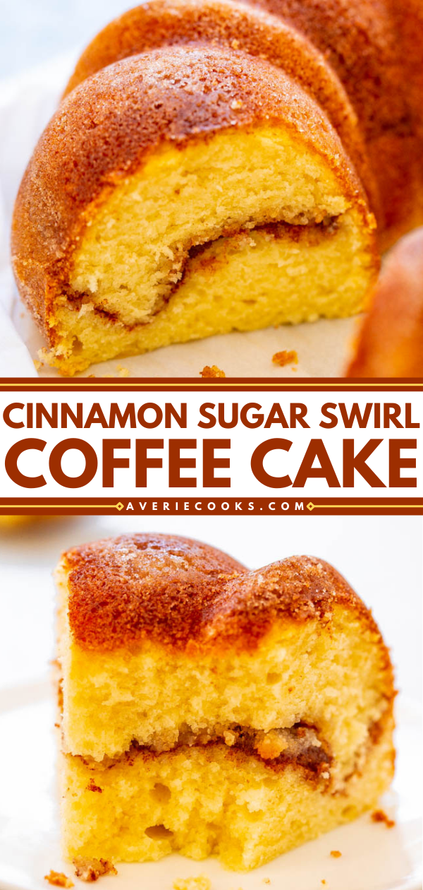 Cinnamon Coffee Cake — Between the cinnamon-sugar crust AND the cinnamon-sugar swirled through the center, this EASY coffee cake is IRRESISTIBLE!! Soft, fluffy, light, and of course it's perfect with coffee!!