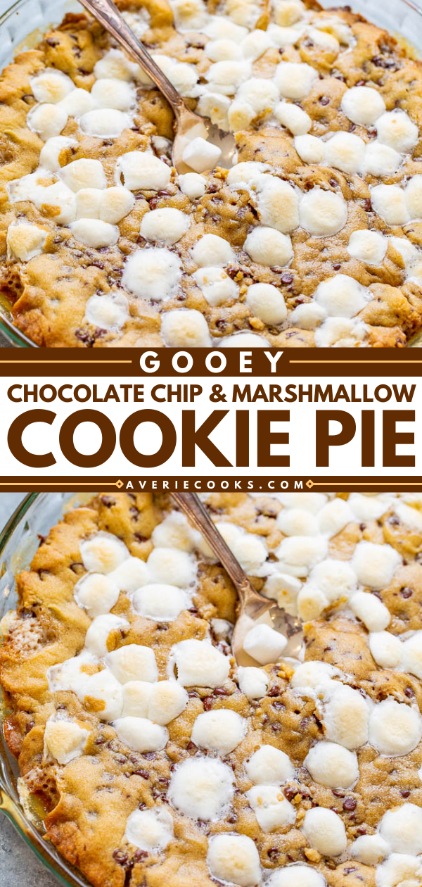 Gooey Chocolate Chip and Marshmallow Cookie Pie — The whole pie tastes like the soft, GOOEY, underbaked centers of fresh chocolate chip marshmallow cookies!! Between the melted chocolate, marshmallows, and big time gooey factor, this pie is PERFECT!!