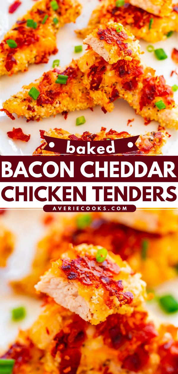Baked Bacon Cheddar Chicken Tenders - Fast, EASY, perfectly CRISPY on the outside, and juicy on the inside!! Don't bother frying chicken when you can bake it! The BACON and CHEDDAR coating is irresistible!!