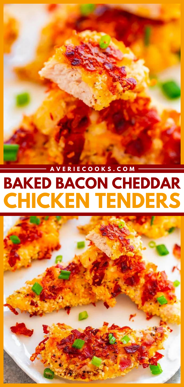 Baked Bacon Cheddar Chicken Tenders - Fast, EASY, perfectly CRISPY on the outside, and juicy on the inside!! Don't bother frying chicken when you can bake it! The BACON and CHEDDAR coating is irresistible!!