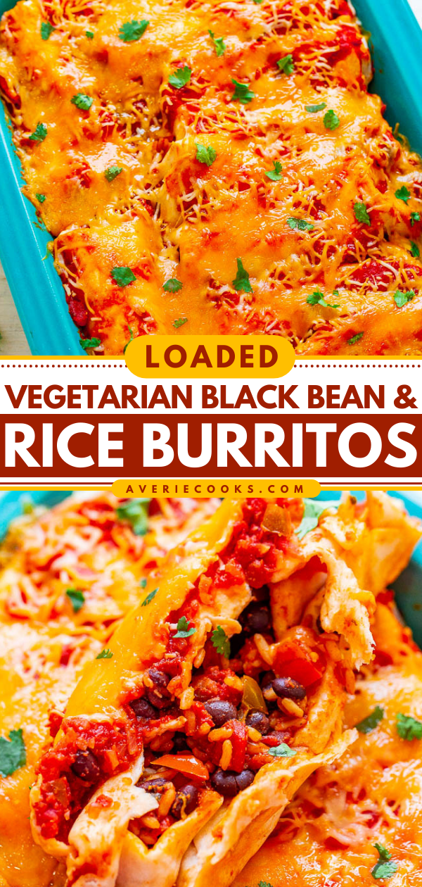 Loaded Vegetarian Burritos — HEALTHY Mexican comfort food that’s loaded with black beans, rice, and more before being topped with salsa and CHEESE!! You'll never miss the meat in these EASY burritos that you can make-ahead and are freezer-friendly!!