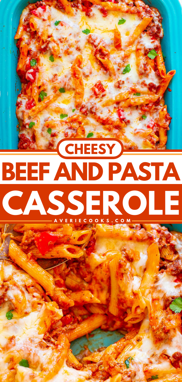Cheesy Ground Beef Pasta Casserole — Hearty comfort food that's EASY and IRRESISTIBLE!! Cheesy pasta and beef coated in marinara sauce and topped with more CHEESE! Makes planned leftovers and is freezer-friendly!!